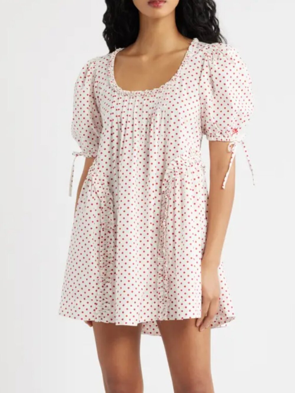 DAMSON MADDER Meri White w/Red Dots Pleated Puff Sleeve Mini Dress US 14